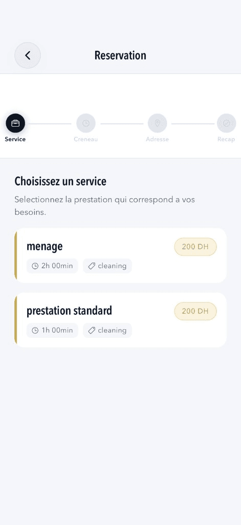 Écran de réservation de l’application Najem Clean Service : choix de la prestation