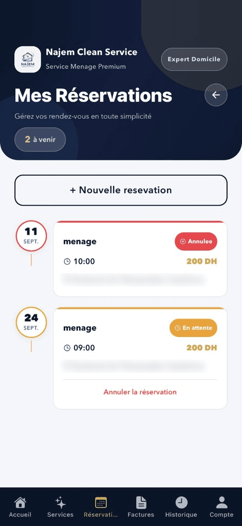 Écran « Mes réservations » de l’application Najem Clean Service